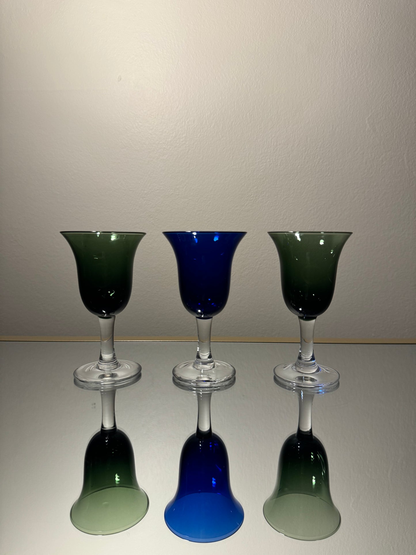 green & blue shot glasses w/ clear stem detail