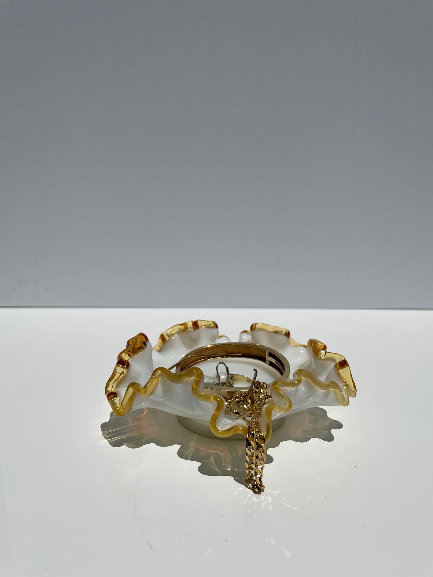 milk glass dish w/ brown rim