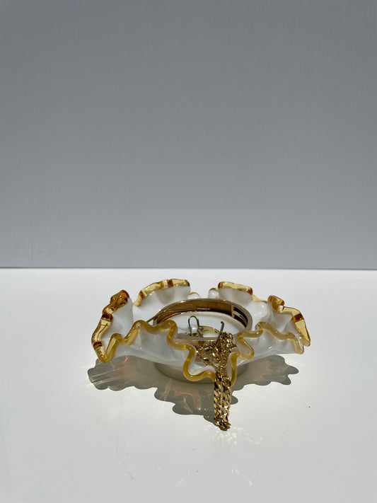 milk glass dish w/ brown rim