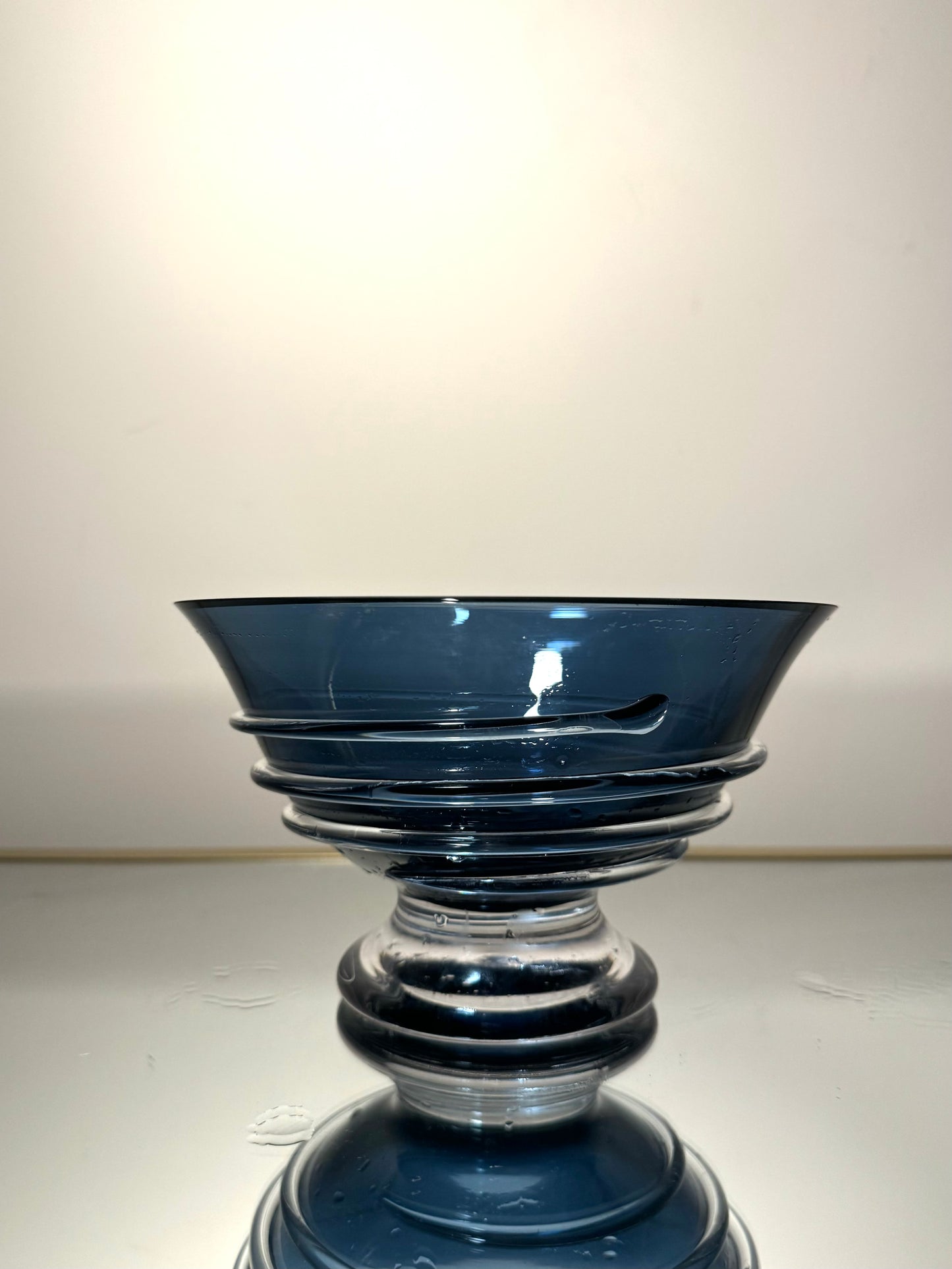 blue glass bowl w/ clear detail